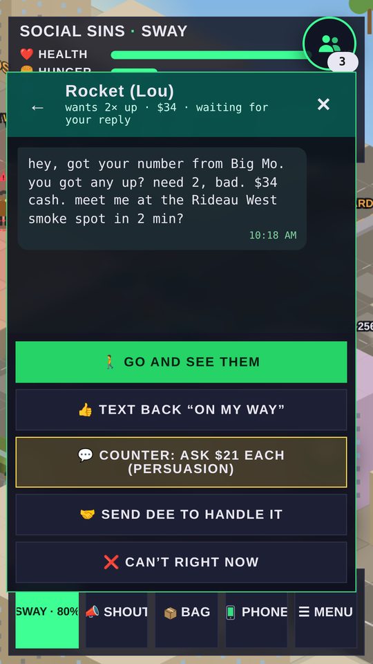 A text from a buyer, with Go and see them, counter-offer and send-your-crew options
